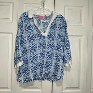 🍓 Isaac Mizrahi Linen Tunic Top with Blue and White Mosaic Print - XL